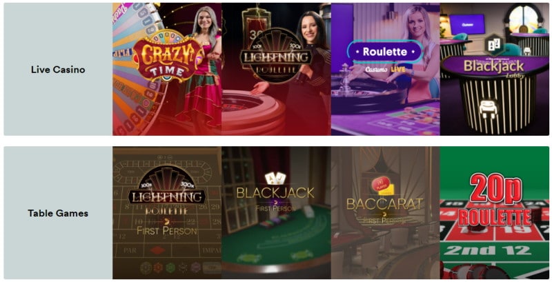 screenshot of live casino games