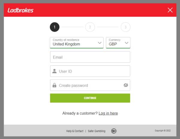 Screenshot of Ladbrokes registration form