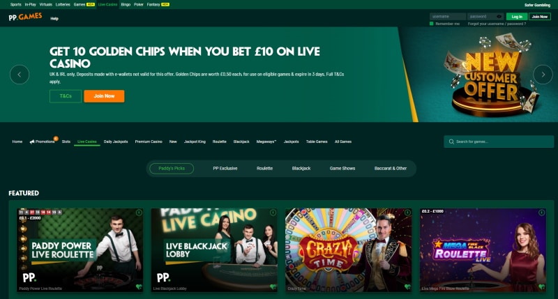 Screenshot of Paddy Power live casino