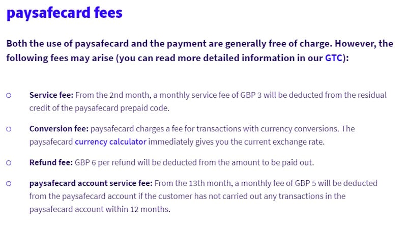 Fees for using paysafecard