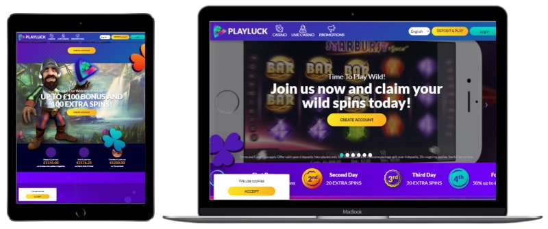 Screenshots of Playluck casino website