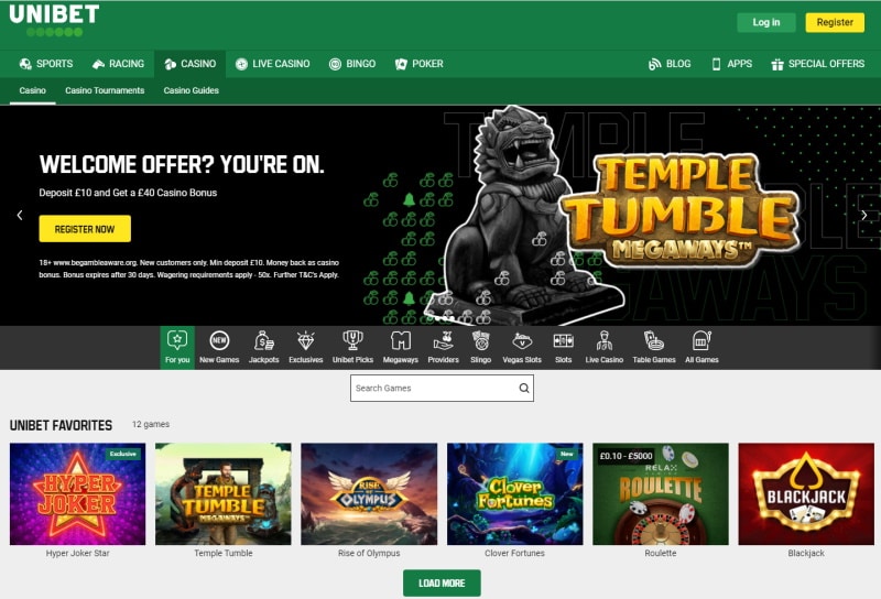 Screenshot of Unibet casino website